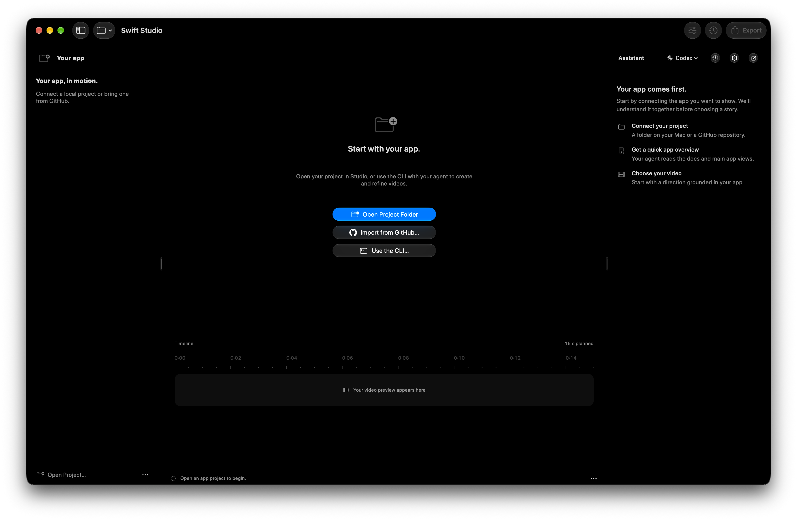 SwiftRender’s start screen, with options to open an app project, import from GitHub, or use the CLI.