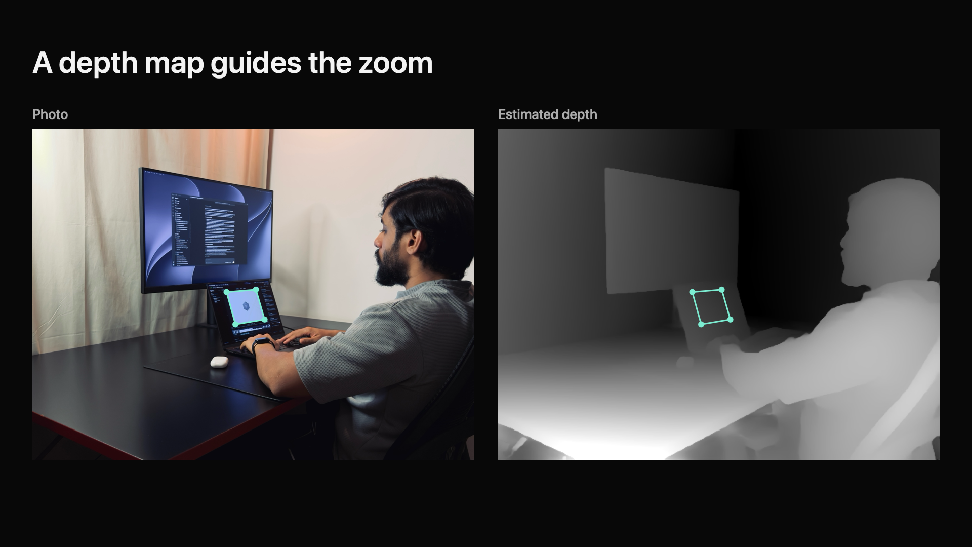 The original desk photo beside its locally estimated depth map.